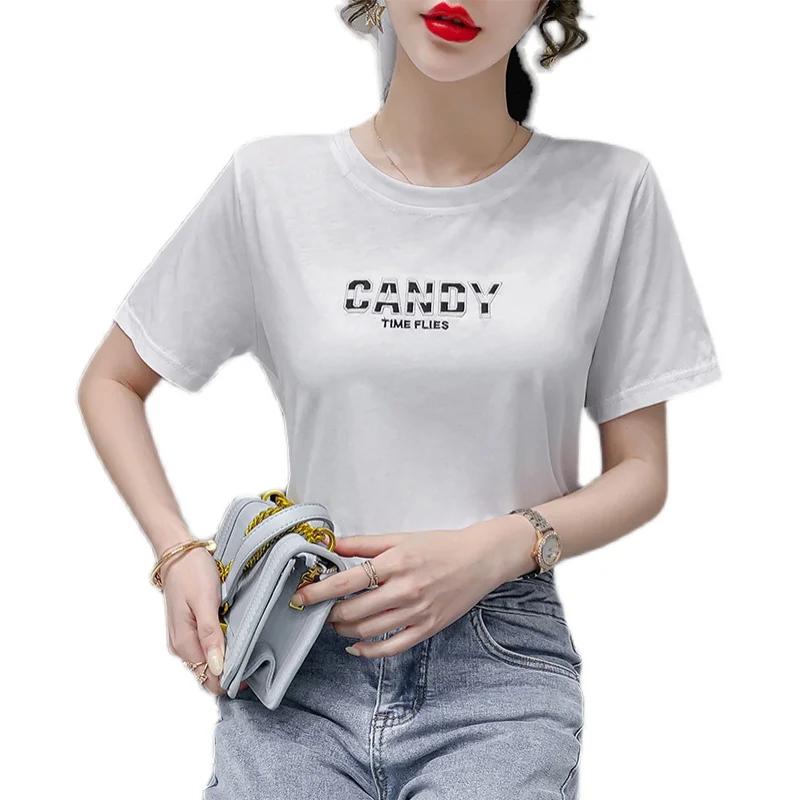 

BETHQUENOY Spring Summer Letters Short-sleeved T-shirt Women Top Black Tshirts Woman Clothes Cotton Femme Plus Size T Shirt 2021