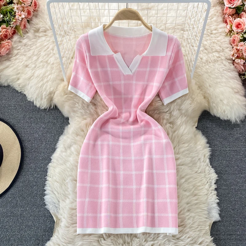 

Sweet Summer New Fashion Casual Short Sleeve Sheath Bodycon Mini Dress Women Plaid Knitted Sweater Dress Robe Femme Vestidos