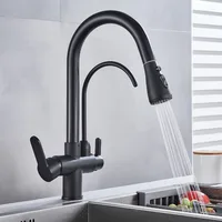 Matte Black Filtered Crane For Kitchen Pull Out Spray 360 Rotation Water Filter Tap Three Ways Sink Mixer Kitchen Faucet