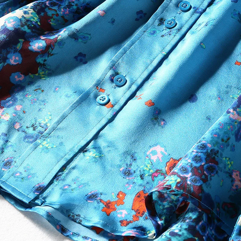 

New Blue gradient silk printed shirt women s spring polo collar loose mulberry silk top long sleeve European goods