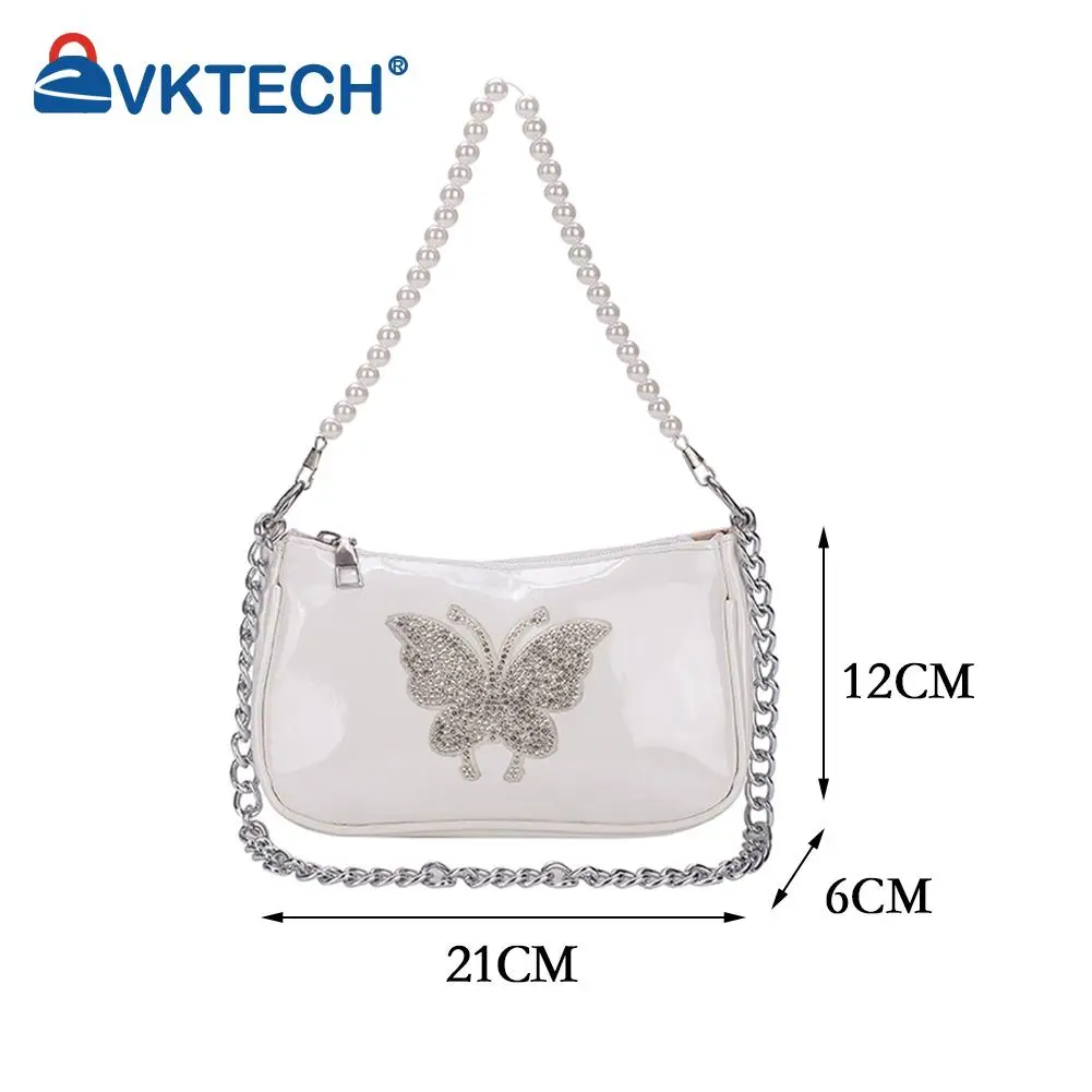 

Vintage Women PU Leather Butterfly Rhinestone Shoulder Underarm Bags Casual Ladies Pearl Mini Handbags Purse