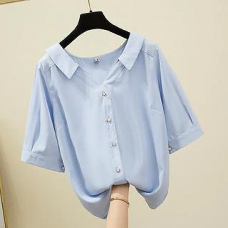 

С v-образной горловиной, свободного покроя, корейский короткий рукав шифоновая рубашка жира mm2021 новые летние большой иностранных Топ чистог...