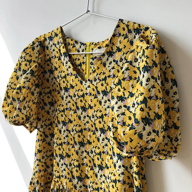 Винтажные Цветочный принт с буфами на рукавах Женские Сезон лето платье v
