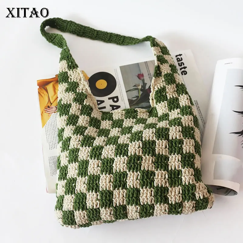 

XITAO Knitting Shoulder Bags Contrast Color Plaid Patchwork Literature and Art All-match Casual Minority New Women JL0316