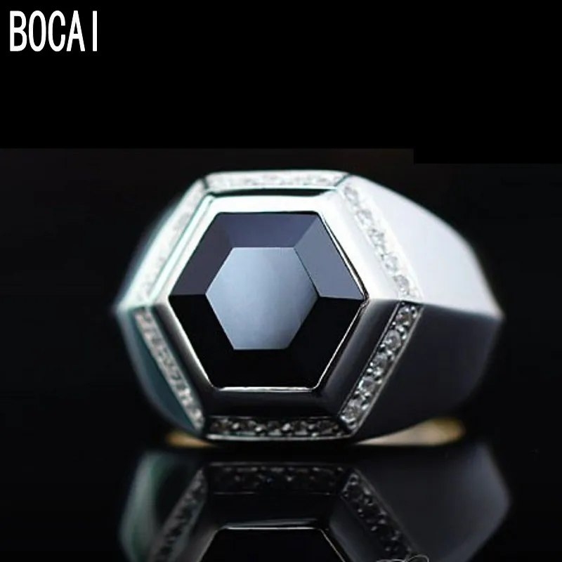

New fashion inlaid with black stone chamfered face hexagonal s925 sterling silver ring male, men's personalized ring men's ring