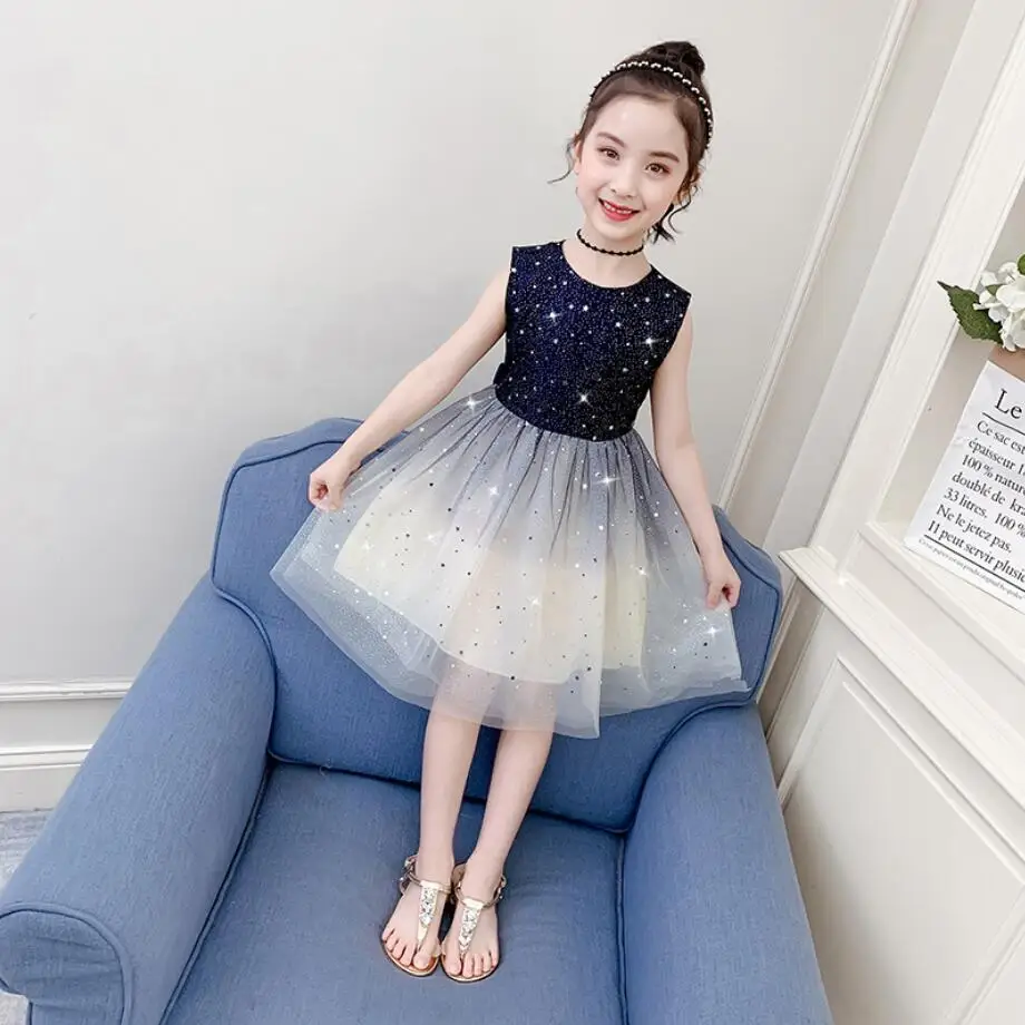 Одежда для детей платье 2021 летние Новый стиль градиент Сетчатое с блестками