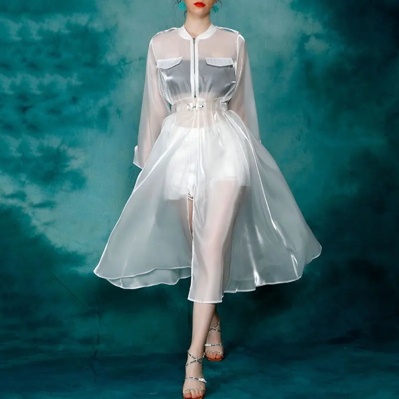 

XITAO Summer Sun Protection Dress Solid Color Perspective Loose Temperament Stand Collar Long Sleeve 2021 Trendy New CLL1187