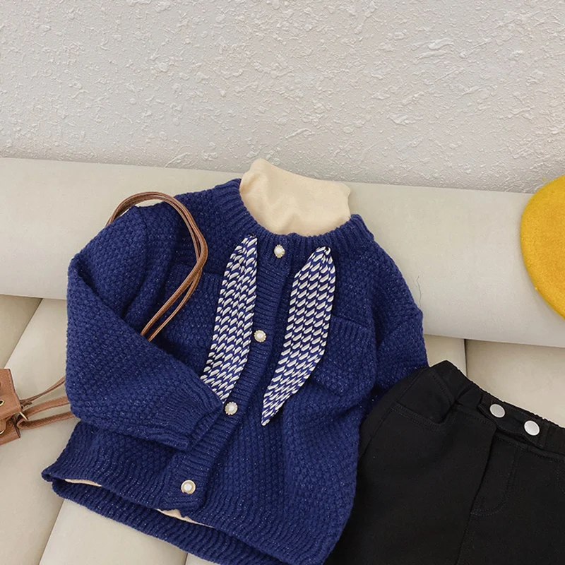 Свитер для девочек Детское пальто верхняя одежда 2022 темно-синий плюс бархатный