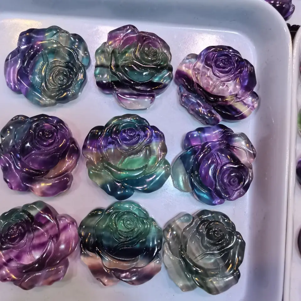 

Natural Purple Green Fluorite Rose Flower Shaped Hand Carved Crystal Flower Stones Healing Decor Natural Stones and Minerals
