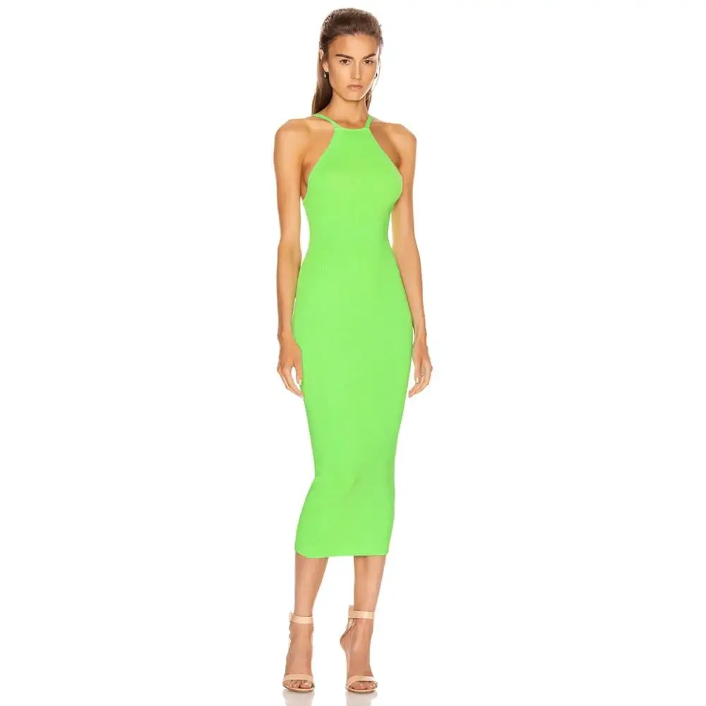 New Summer Green Midi Bandage Dress Sexy Halter Sleeveless Bodycon Vintage Vestios Bandagem Celebrity Women Dresses | Женская одежда