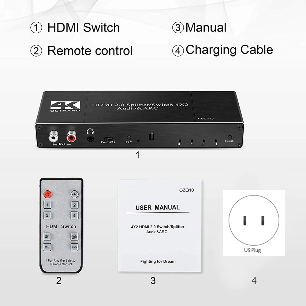 4K HDMI 2 0 переключатель дистанционного управления 4X2 o экстрактор с ARC и