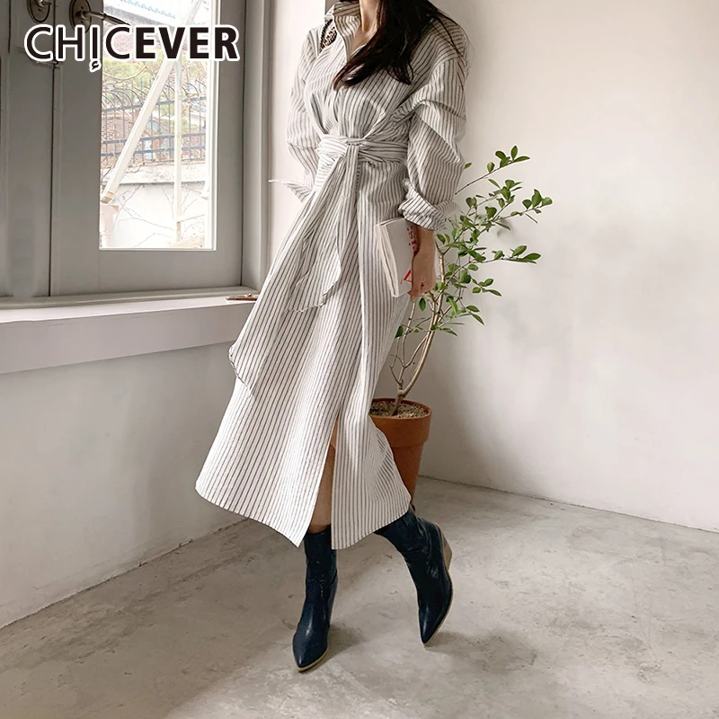 CHICEVER корейское Полосатое женское платье с разрезом воротник лацканами длинные