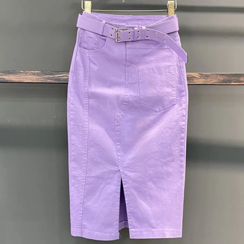 2022 summer purple denim skirt women high waist package hip split step jeans skirt