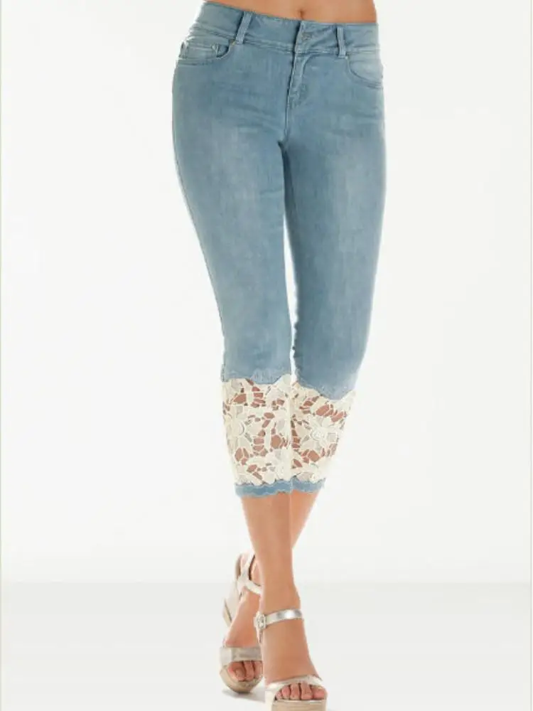 Korean Vinage Lace Women's Jeans Cropped Trousers Spring Summer Embroidery Push Up Pants Sexy Ladies Plus Size 3XL | Женская одежда