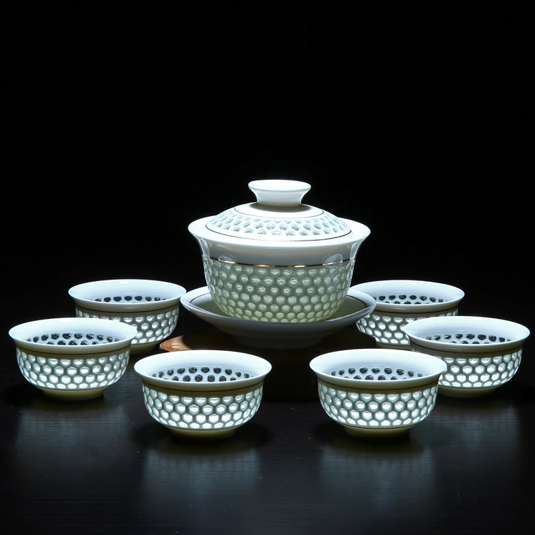 

11PCS Hollow Honeycomb Kung Fu Tea Set Blue and White Porcelain Drinkware Ceramic Glass Teacup Teapot Gaiwan Strainer Fair Cup