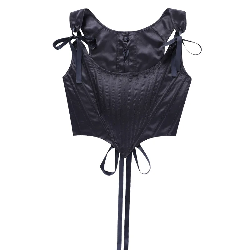 

Bodycon Crop Tops Gothic Harajuku Zipper Slim Tshirt Fashion Girl Top Satin Waist Vest Sexy Strap Slim Short Fishbone Vest Women