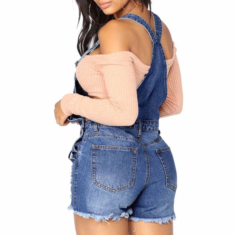 Шорты комбинезон женские джинсовые однотонные с завышенной талией|Комбинезоны c