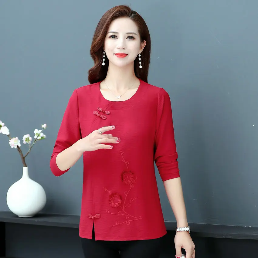 Oriental Style Women Spring Retro Blouses Green Black Red Floral Embroidery Tunic Ethnic Long Sleeve O-Neck Vintage Button Top | Женская