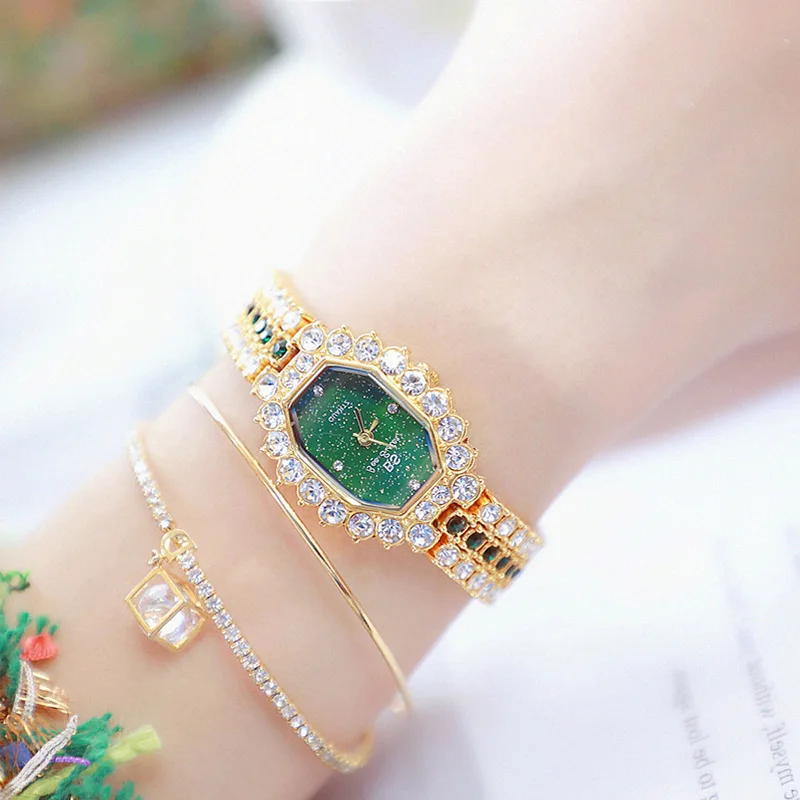 

Small Green Gold Women Watches BS Elegant Ladies Luxury Diamond Rhinestone Watch Top Brand Wristwatch Perfect Girls Reloj Mujer