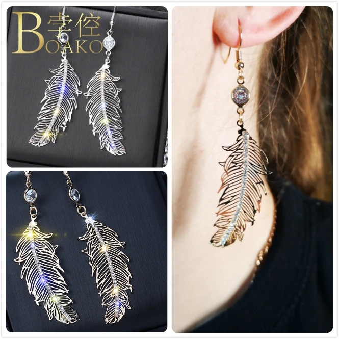 Длинные висячие серьги для женщин свадебные с перьями девушек сверкающие