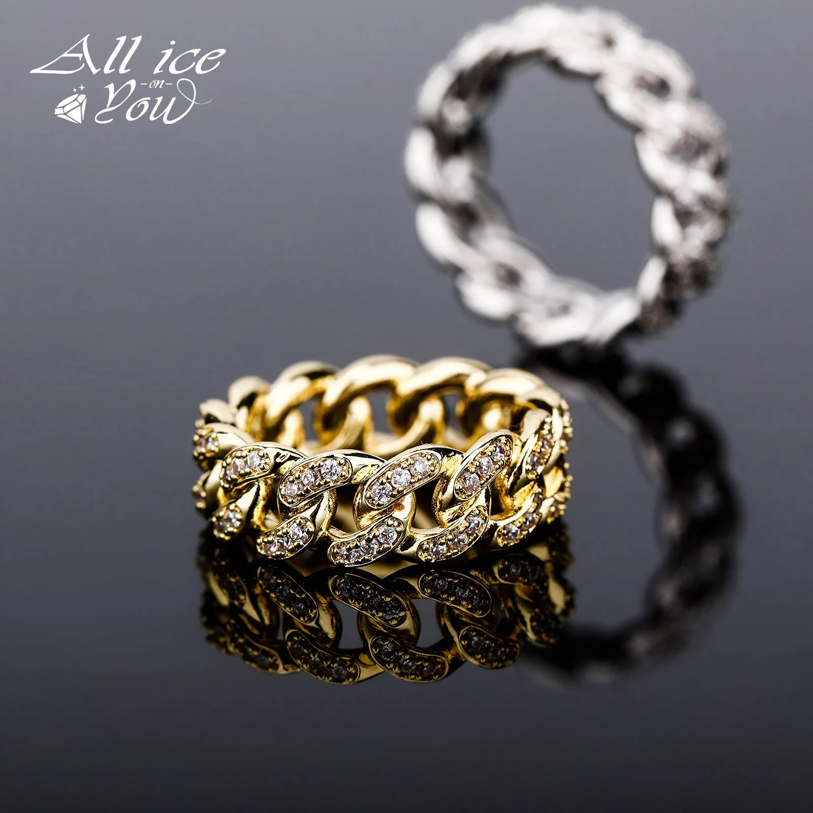 

ALLICEONYOU Iced Out Luxury Cubic Zirconia Ring Cuban Round Hip Hop Fashion Jewelry wedding band eternity Ring For Women Gift