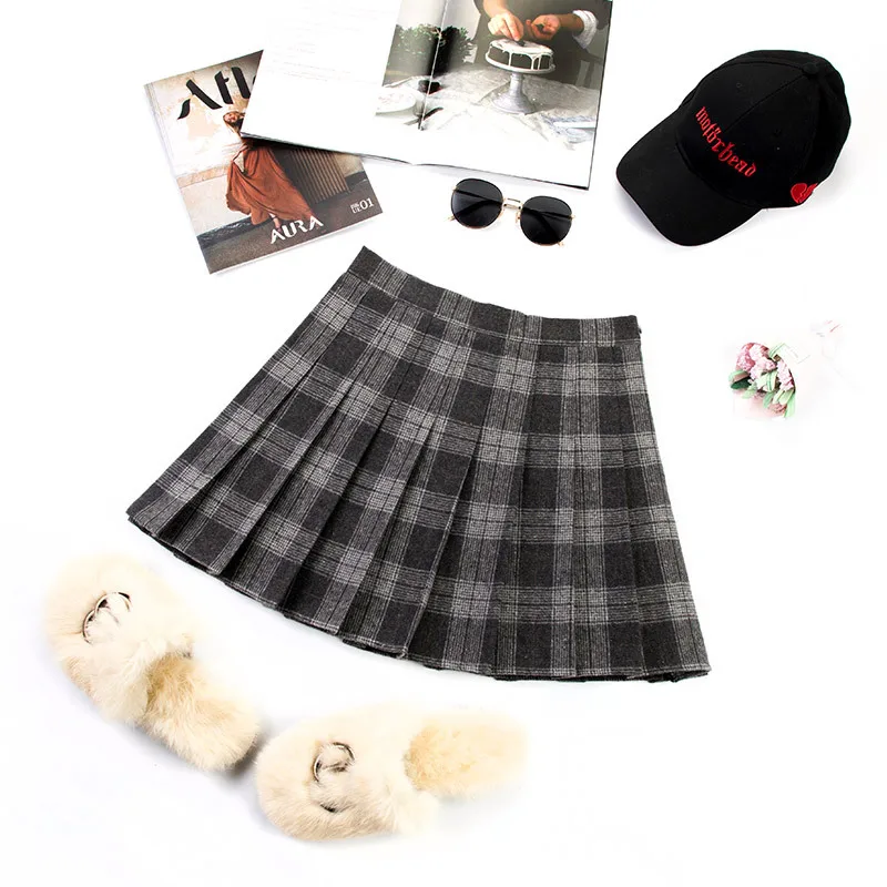 Harajuku Осень Зима Высокая талия Женская юбка Клетчатые Шерстяные плотные