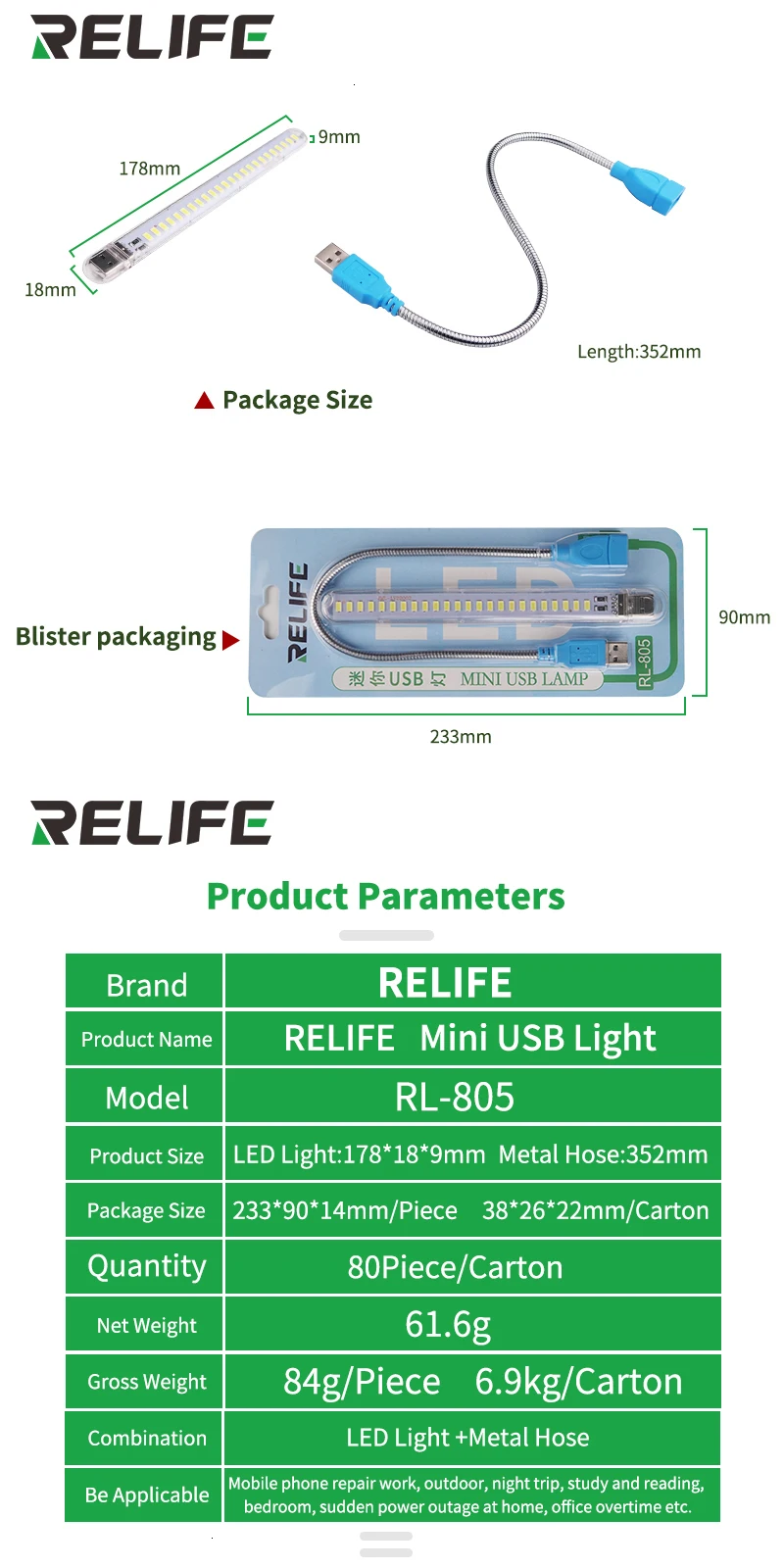RELIFE RL-805 USB мини светодиодный светильник для ремонта настольная лампа гаджеты для power bank PC aptop notebook Android phone Auto