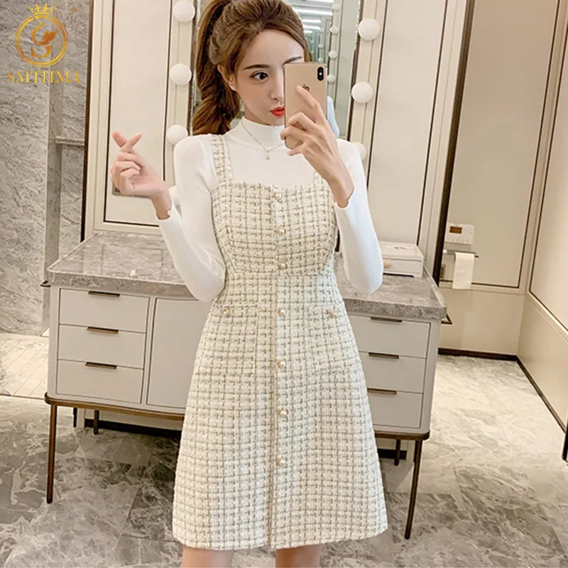 

2022 Fall Retro Little Fragrant Dress Spring Woolen Plaid Sexy Strap Dress Suit Luxury Ladies Temperament Suspenders Dresses