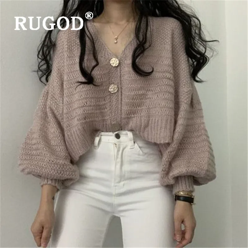 RUGOD Korean New Style Chic Big Button Lantern Sleeve Cardigan Solid Color Sweater Winter Tops For Woman Fashion 2019 |