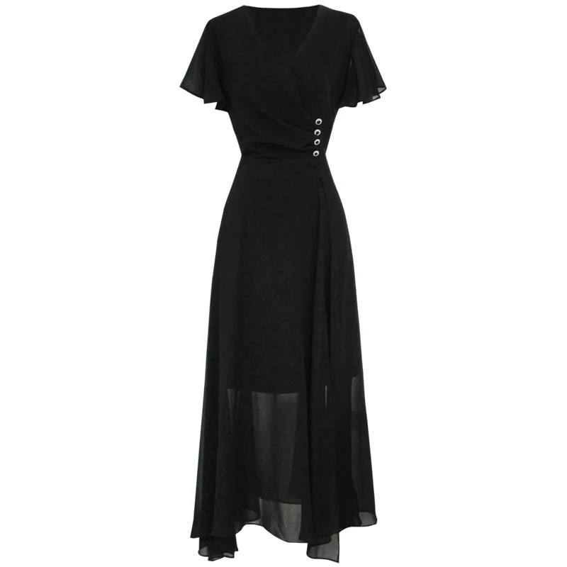 

2021 summer Korean temperament V-neck split short-sleeved chiffon skirt Hepburn style black dress women