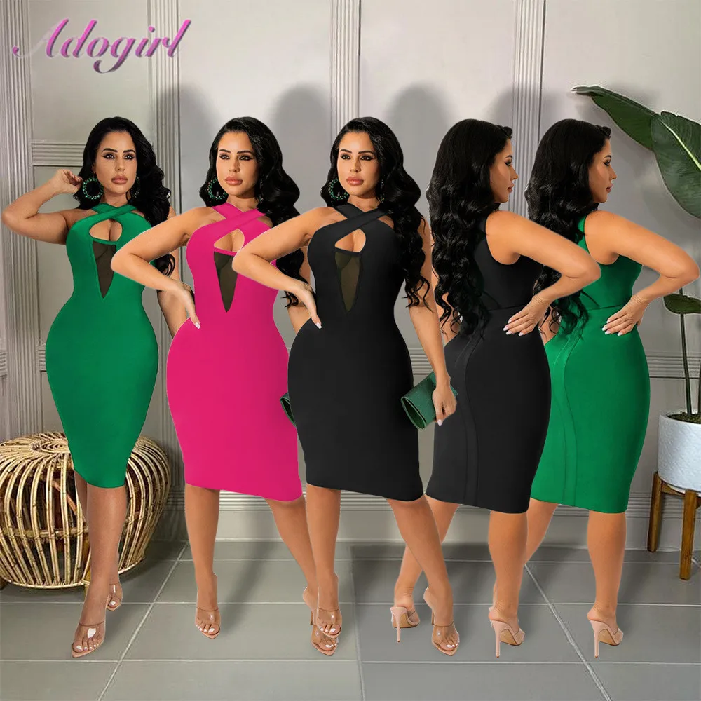 

Casual Solid Halter Cross Sheer Mesh Deep V Neck Sleeveless Midi Dress Women Sexy See Through Hollow Out Outfit Dresses Vestidos