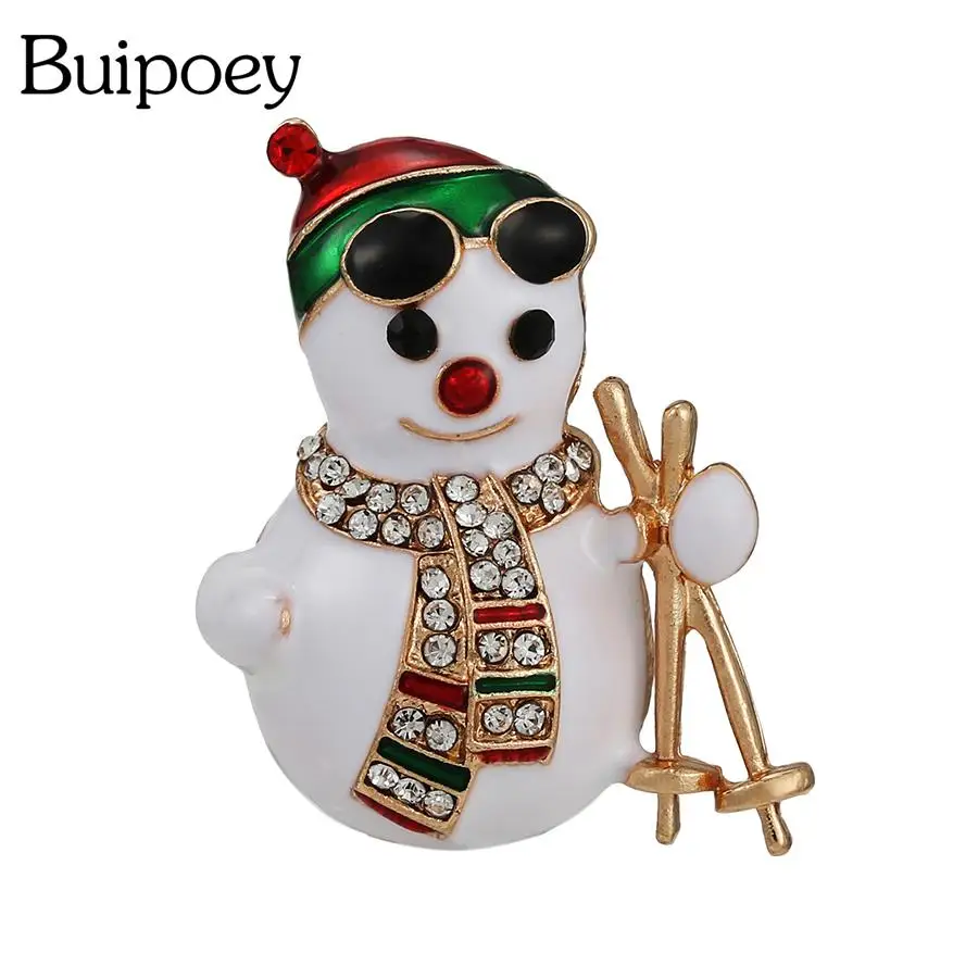 

Buipoey 2021 Christmas Snowman Brooches For Women Men Original Skiing Snowman Gold Metal Brooch Xmas New Year Decoration Gifts