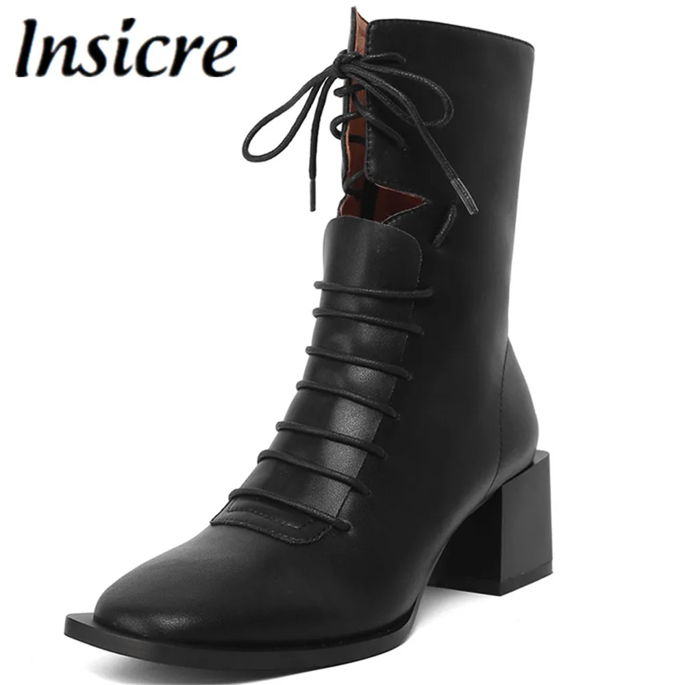 

Insicre Genuine Leather Ankle Boots Women Autumn Winter Fashion Square Toe Chunky Heels Lace Up Zipper Party Dress Wild Shoes
