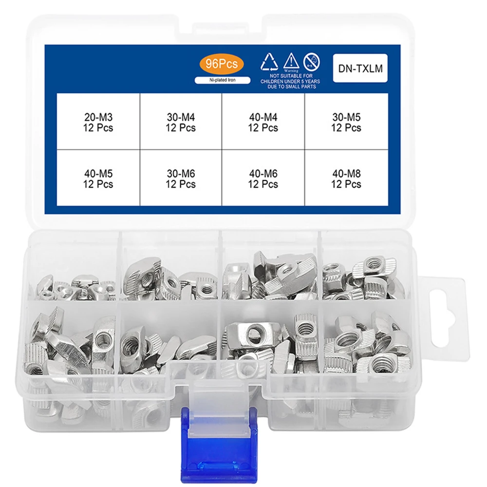 

96pcs/box T-Nut Set Hammer Head T Nut Kit M3 M4 M5 M6 M8 Connector Nickel Plated For 20 Series Aluminium Profile Accessories