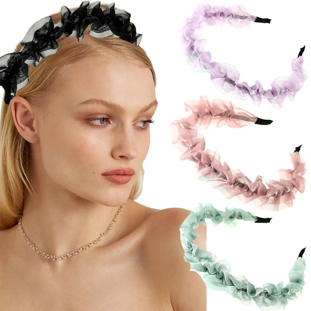 

Haimeikang Fashion Mesh Hairbands Women Elastic Pleated Bezel Hair Band Headbands Girls Solid Color Hair Hoop Hair Accessories