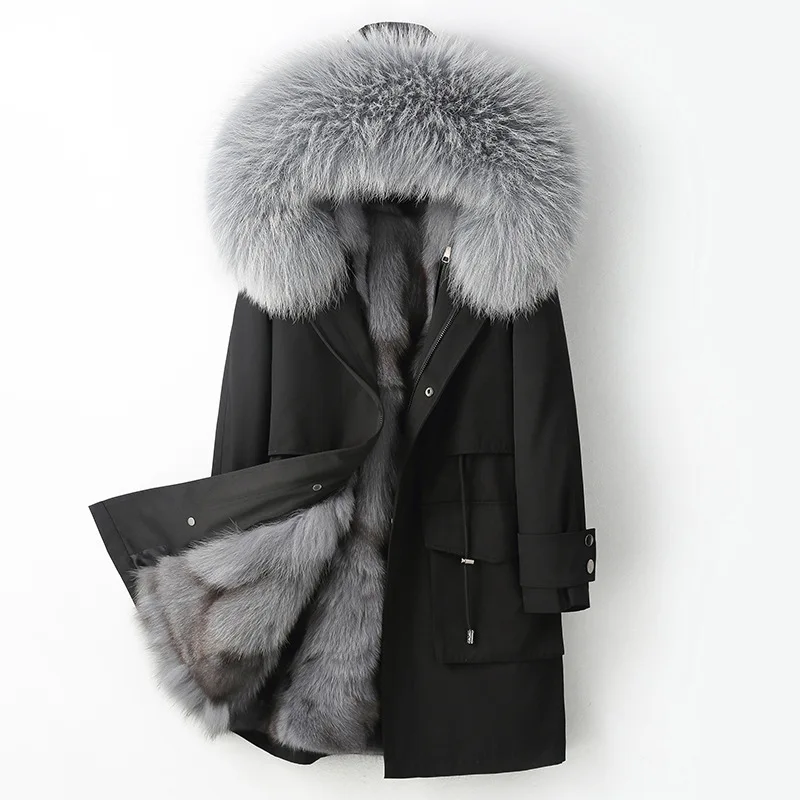 New Style Fox Hair Collar Fur Lined Hooded Warm Thick Parkas 3xl Plus Size Middle Length Removable Pockets Black Coats For Women