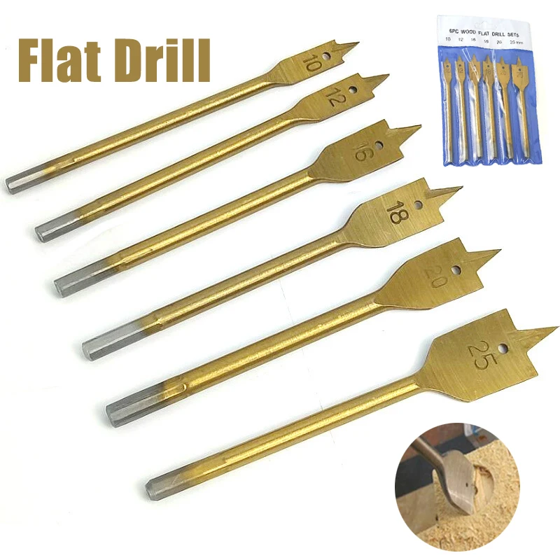 

6pcs/Set 10/12/16/18/20/25mm Titanium 3 Point Coating Hex Shank Spade Bits Flat Boring Bit Wood Drill Bit Power Tools Hole Saw