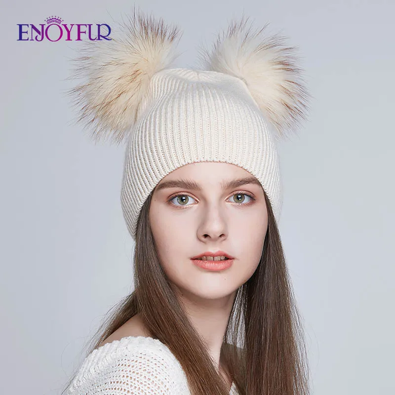 Женские шапки с двумя помпонами ENJOYFUR, мягкие теплые шапки с помпонами из натурального меха, для зимы