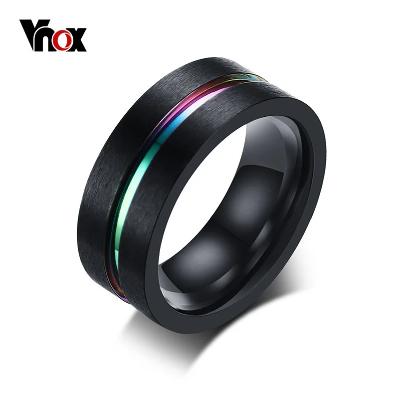 Vnox 8mm Men Black Stainless Steel Ring Thin Rainbow Line Wedding Band Male Jewelry Masculino Alliance|stainless steel ring|ring thinwedding band |