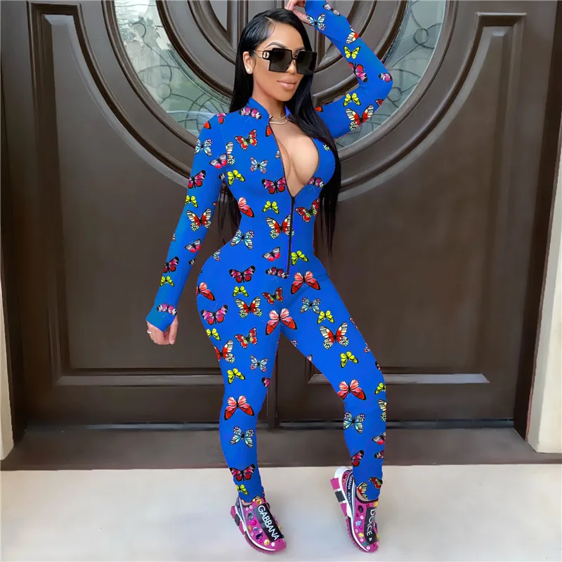 

Women fashion playsuit full sleeve zipper spring autumn winter rompers 2020 female biker skinny v-neck zip bodysuits clubwear