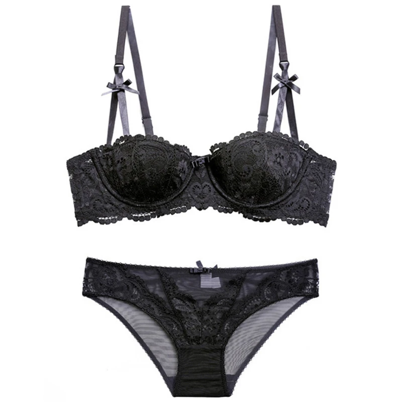 

Women's sexy and charming lace 1/2 and a half cup of thin cup court vine jacquard comfortable breathable bow lace bra set WT088
