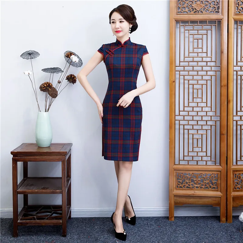 Летнее клетчатое платье с коротким рукавом, сексуальное, тонкое, Qipao, миди платья для женщин, Vestidos, Cheongsams, винтажное традиционное китайское платье, M-4XL