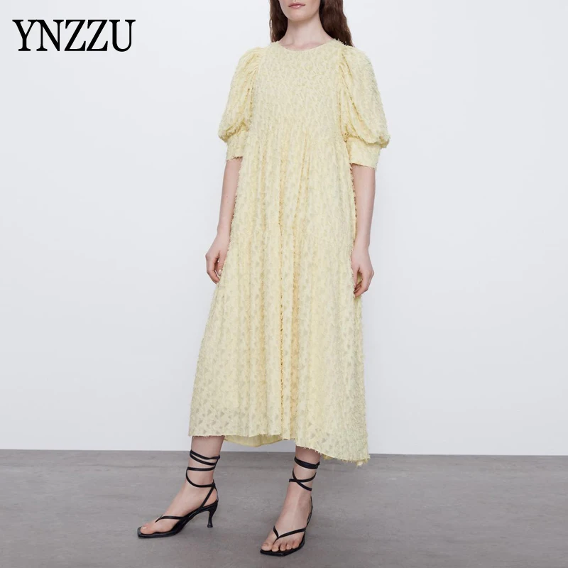Fashion Puff sleeve Women dresses Yellow 2020 Summer Round neck Loose Maxi Long dress Party Vestidos Female YNZZU YD385 | Женская одежда