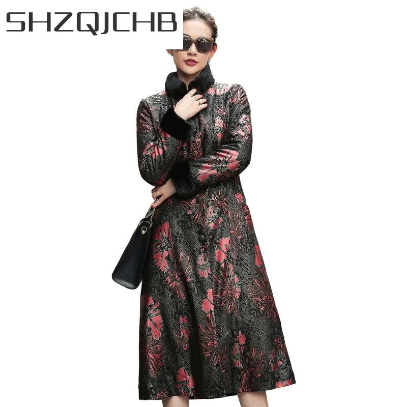 

JCHB 2021 Autumn Winter Mink Fur Collar Down Jacket Women Long Slim Printed Pink Flowers Genuine Leather Coat Lady High Quality