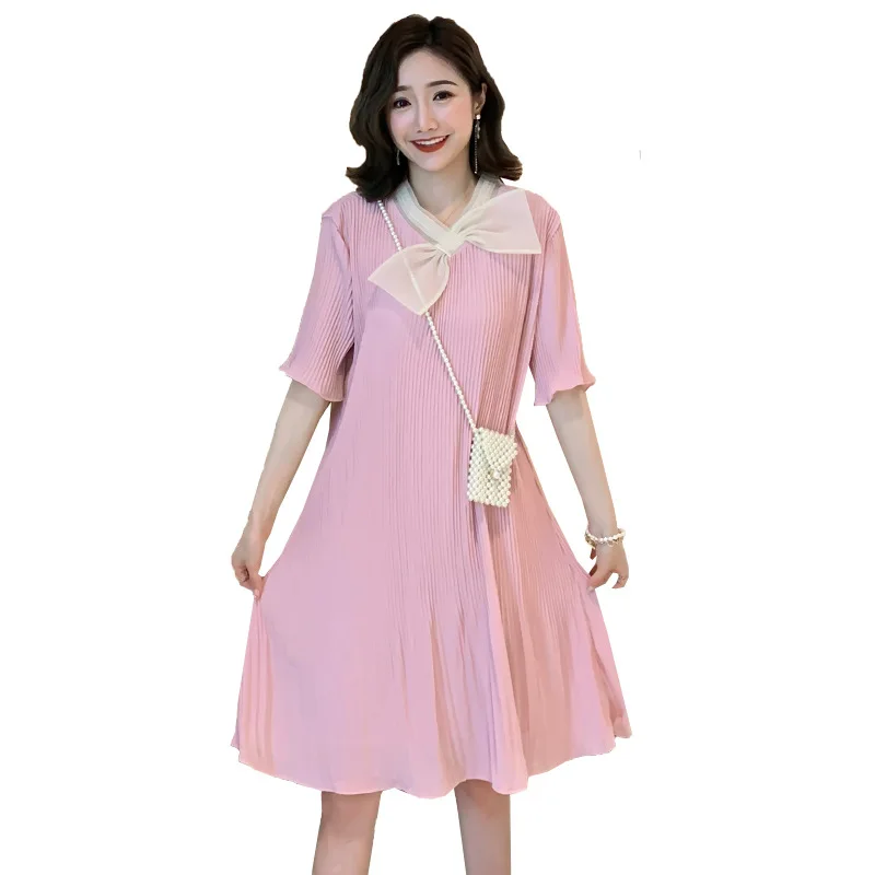 

2021 New Summer Mid-length Loose Pleated Chiffon Bow Organza Hot Maternity Dress