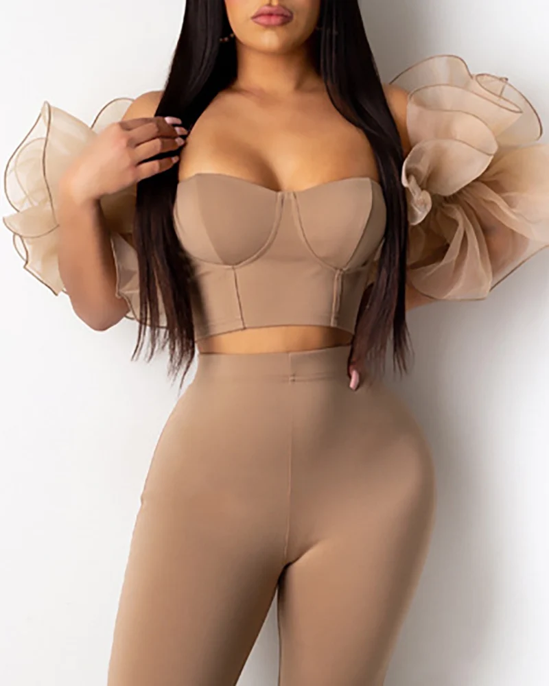 

2020 Spring Fall Women Sexy Elegant Two-Pieces Suit Sets Femme Chic Off Shoulder Mesh Top & Pants Set Lady Puff Sleeve Top 2021