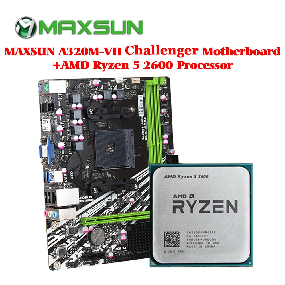 MAXSUN материнская плата am4 A320M-VH Challenger+ процессор AMD ryzen 5 2600 оперативная Память ddr4 память SATAIII ssd PCI-E видеокарта материнская плата