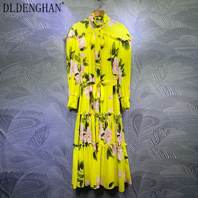 

DLDENGHAN Fashion Flower Print Midi Dress Women Stand Collar Long Sleeve Ruffles Lace Up Dresses Designer Spring New