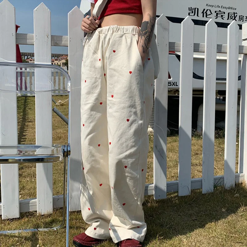 

Белые широкие брюки с эластичной высокой талией и вышивкой в виде сердца, милые мешковатые длинные брюки большого размера в стиле Харадзюку...
