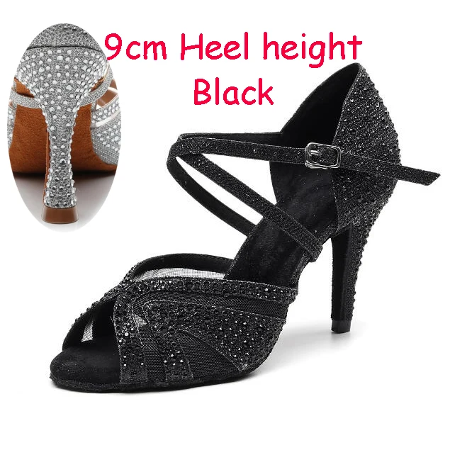 Black 9cm Heel Женская обувь для латинских танцев; стразы; блестящая обувь для сальсы; Бальные сандалии; обувь для танцев; обувь на высоком каблуке 9 см; Цвет серебристый, белый - Цвет: Black 9cm Heel